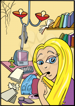 Royalty Free Clipart Image of a Teenager in her Messy Room