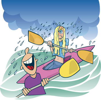 Royalty Free Clipart Image of People Kayaking and the Man is Laughing Because the Girl is Wet