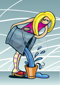 Royalty Free Clipart Image of a Girl Pouring Water Into a Bucket