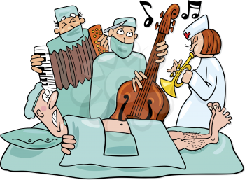 Royalty Free Clipart Image of Medical Staff Playing an Instrument at an Operation