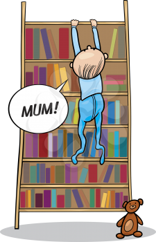 Royalty Free Clipart Image of a Boy Hanging From a Bookcase