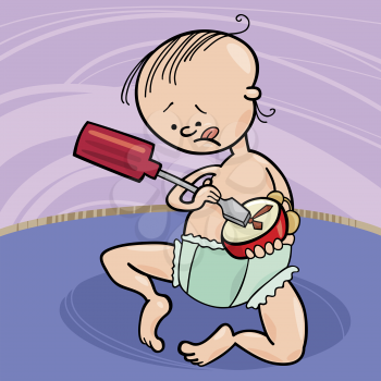 Royalty Free Clipart Image of a Baby Boy Playing With a Clock