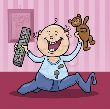 Royalty Free Clipart Image of a Baby Boy in a Room With the Remote and a Toy Bear