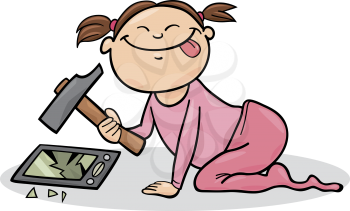 Royalty Free Clipart Image of a Baby Girl Breaking a Tablet