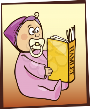 Royalty Free Clipart Image of a Baby With a Soother Reading Hamlet