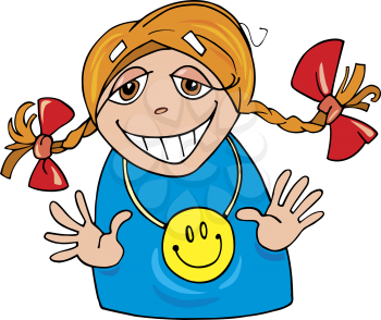 Royalty Free Clipart Image of a Happy Girl in Pigtails Wearing a Happy Face