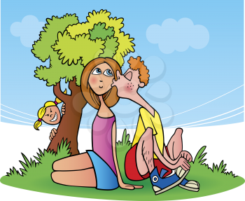 Royalty Free Clipart Image of a Boy Kissing a Girl and a Little Girl Watching Behind a Tree