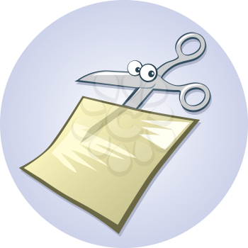Royalty Free Clipart Image of Cartoon Scissors Cutting Paper