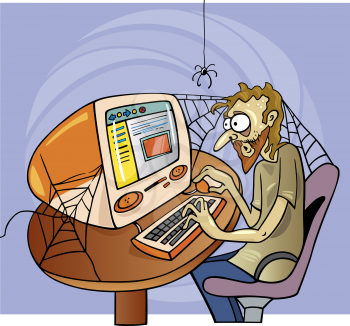 Royalty Free Clipart Image of a Man at the Computer With Cobwebs Around Him