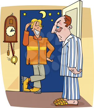 Royalty Free Clipart Image of a Man in His Pyjamas Opening the Door to Another Man
