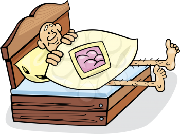 Royalty Free Clipart Image of a Man in a Bed That's Too Short for Him