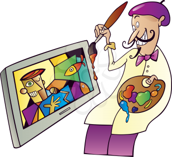 Royalty Free Clipart Image of an Artist Painting on a TV Screen