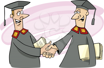 Royalty Free Clipart Image of Two Professors in Gowns and Mortarboards Shaking Hands