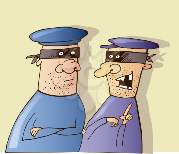 Royalty Free Clipart Image of Two Masked Men Talking