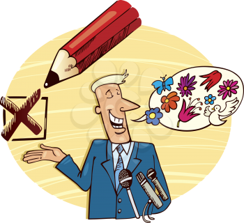 Royalty Free Clipart Image of a Man Talking With a Pencil Marking an X and Flowers