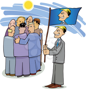 Royalty Free Clipart Image of a Man Holding a Flag With His Picture and a Group of Men in a Huddle
