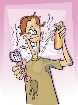 Royalty Free Clipart Image of a Dirty Boy With Perfume