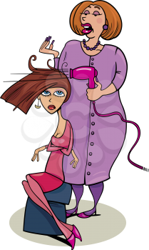 Royalty Free Clipart Image of a Woman Drying Another Woman's Hair
