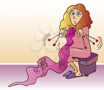 Royalty Free Clipart Image of a Stressed Woman Knitting