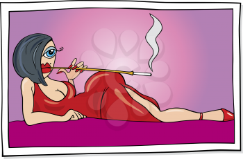 Royalty Free Clipart Image of a Sexy Woman in a Red Dress With a Cigarette Holder