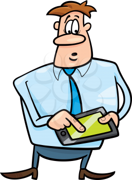 cartoon humorous illustration of businessman with tablet