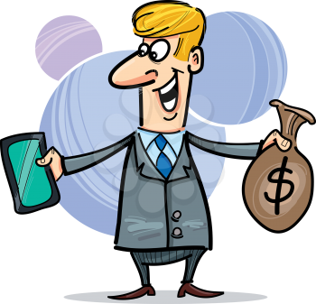 cartoon humorous illustration of businessman with tablet and sack of dollars