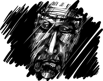 sketch drawing illustration of old man's face in the dark
