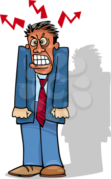 Cartoon Illustration of Furious Angry Man in Suit or Businessman