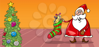 Greeting Card Cartoon Illustration of Santa Claus or Papa Noel with Sock full of Presents and Christmas Tree