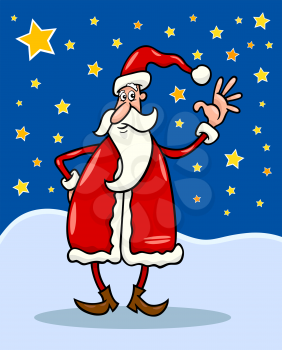 Cartoon Illustration of Christmas Santa Claus against Evening Sky full of Stars