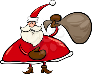 Cartoon Illustration of Santa Claus or Papa Noel with Presents in Sack for Christmas