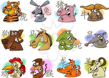Cartoon Illustration of Chinese Zodiac Horoscope Animal Signs Complete Set