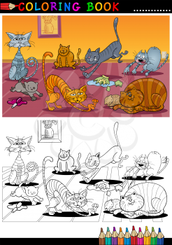 Coloring Book or Page Cartoon Illustration of Funny Naughty Cats in the House for Children