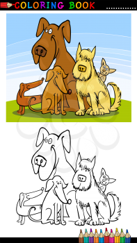 Coloring Book or Page Cartoon Illustration of Five Funny Dogs for Children