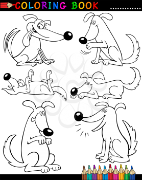 Coloring Book or Page Cartoon Illustration of Funny Dogs doing Tricks for Children