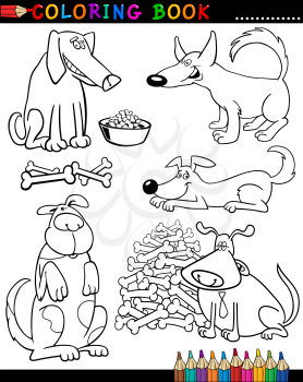 Coloring Book or Page Cartoon Illustration of Funny Dogs and Puppies for Children