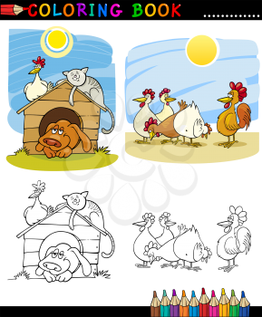 Coloring Book or Page Cartoon Illustration of Funny Farm and Companion Animals for Children Education