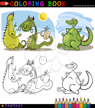 Coloring Book or Page Cartoon Illustration of Dragons Fairytale Characters