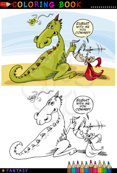 Coloring Book or Page Cartoon Humorous Illustration of Dragon and Knight Fairytale Characters