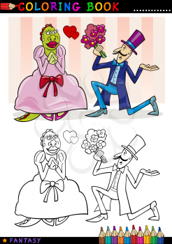 Coloring Book or Page Cartoon Illustration of Man making a Proposal to Monster Lady Fairytale Characters