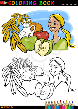 Coloring Book or Page Cartoon Illustration of Healthy Breakfast Food like Fruits and Milk and Oat for Children Education