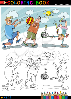 Coloring Book or Page Cartoon Illustration of Boys palying Ball and Little Girl playing Tennis