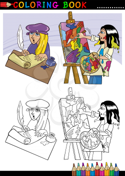Coloring Book or Page Cartoon Illustration of Poet writting poem and Painter painting Oil Picture