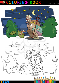 Coloring Book or Page Cartoon Illustration of Boy with his Grandfather looking at Moth