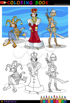 Coloring Book or Page Cartoon Illustration of Queen, Jester and Knight Lady Fairytale Fantasy Characters