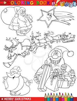 Coloring Book or Page Cartoon Illustration of Christmas Themes with Santa Claus or Papa Noel and Xmas Decorations and Characters for Children