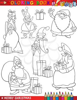 Coloring Book or Page Cartoon Illustration of Christmas Themes Set with Santa Claus or Papa Noel and Xmas Presents and Decorations for Children