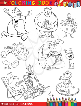 Coloring Book or Page Cartoon Illustration of Christmas Themes with Santa Claus and Xmas Presents for Children