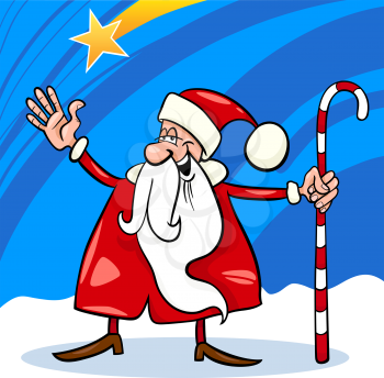 Cartoon Illustration of Funny Santa Claus or Papa Noel with Cane against Sky and Christmas Star
