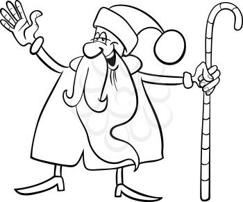 Cartoon Illustration of Funny Santa Claus or Papa Noel with Christmas Cane for Coloring Book or Page